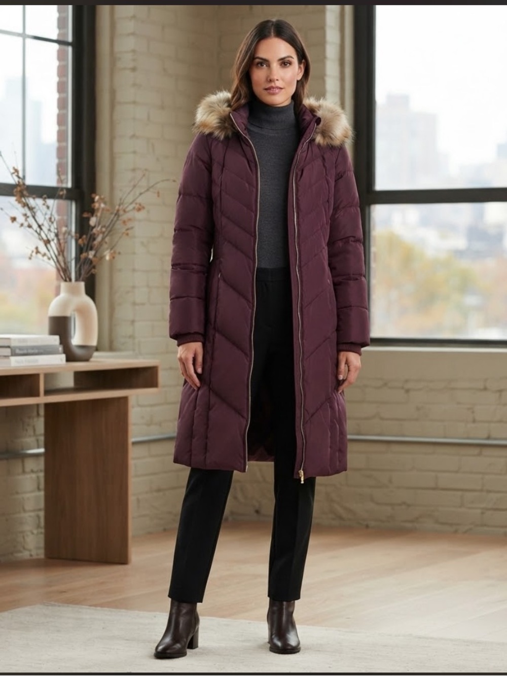 Cole Haan Women's 0X Burgundy Down Puffer Coat Long Hooded Faux Fur Trim
